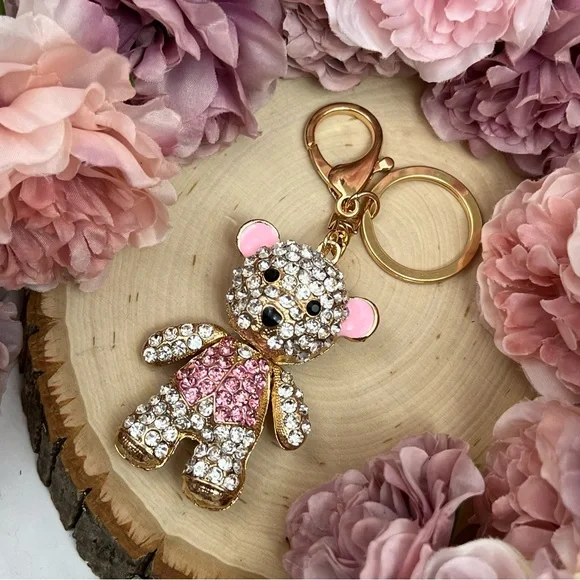 Pink and Silver Crystal Teddy Bear Keychain Charm - Picture 6 of 13